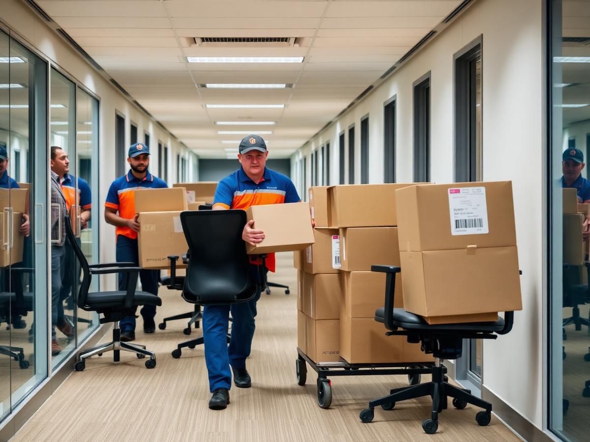 Movers relocating an office with labelled cartons